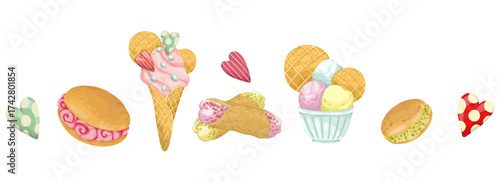 A hand-drawn vector collection of sweet Italian desserts. Features ice cream in a cone and cup, cannoli, and heart-shaped cookies. Perfect for menus and recipe card