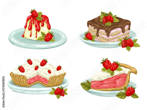 A hand-drawn vector collection of delicious Italian desserts on plates. Features panna cotta, tiramisu, and strawberry pies. Perfect for menus and recipe cards.