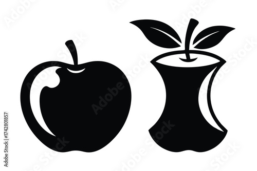 A fresh apple sits beside an apple core adorned with leaves in black