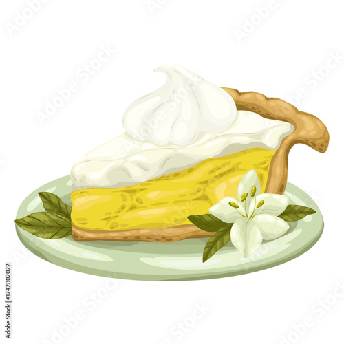 A hand-drawn vector illustration of a lemon meringue tart on a plate. It features a whole lemon with blossoms, making it a perfect element for food and beverage designs