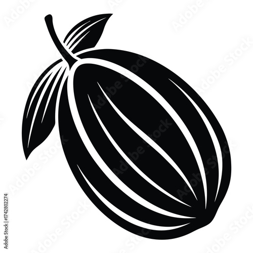 Striking silhouette of a cacao pod with leaves features bold black and white contrast