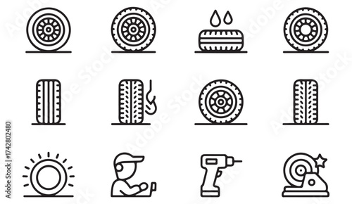 Car maintenance vector icon pack including tire rotation, drill, and mechanic line art symbols