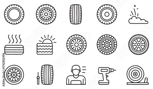 Tire shop icon set, clean vector graphics of wheels, tools, and automotive service elements