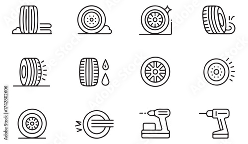 Automotive maintenance vector pack featuring tires, tools, and service elements for workshop design