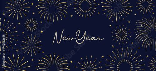 New Year banner, poster template with fireworks explosions. Fireworks banner, poster, flyer, invitation template. Vector illustration