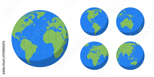 World globe maps set. Earth globe icons isolated on white background. Vector illustration.