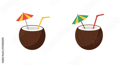 Two refreshing coconut drinks with colorful umbrellas and straws displayed