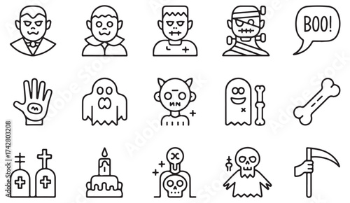 Horror themed vector illustration set with Halloween monsters, bones, and scary face doodles