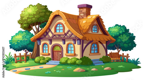 very beautiful a super beautiful french cottage with super beautiful spring vibes cartoon like in a white background