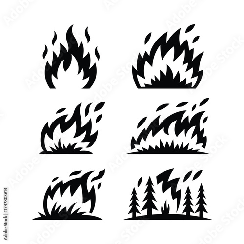 Monochrome vector icons illustrating fire and forest fire scenes scalable eps graphics vector