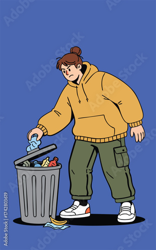 Angered person tosses trash into a grey bin with a banana peel lying next to it