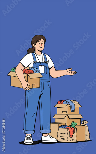 Cartoon volunteer with clothes donations in boxes on a blue backdrop