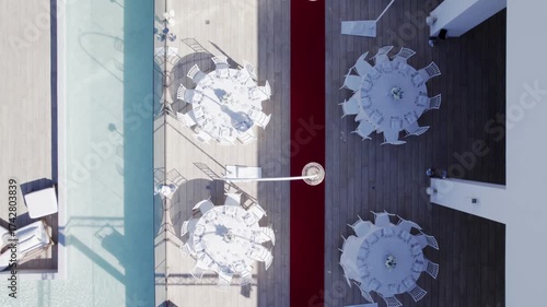 Luxury resort for wealthy. Drone view swimming pool, and country house in Italy overlooking sea