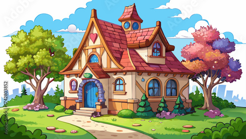 very beautiful a super beautiful french cottage with super beautiful spring vibes cartoon like in a white background