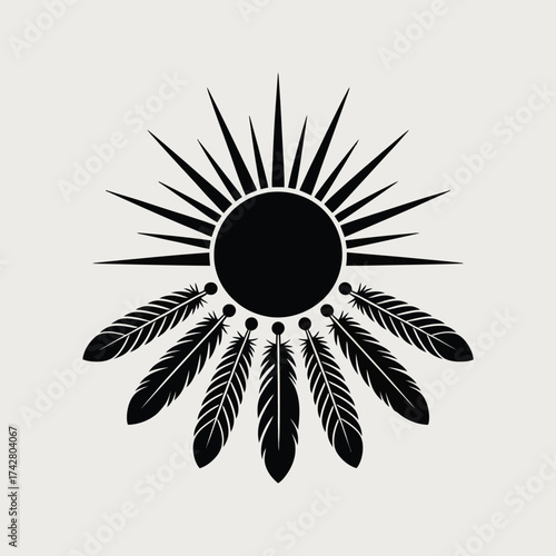 Scalable vector illustration of a geometric black sun symbol with rays and native american feathers vector
