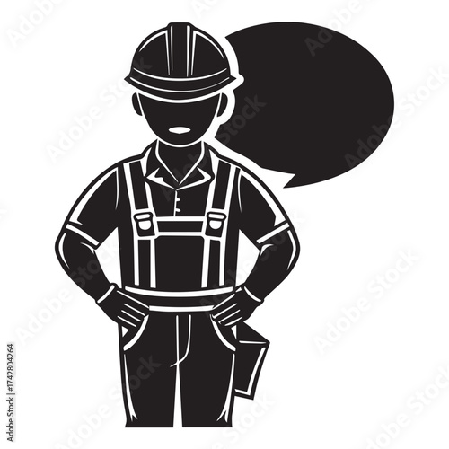Silhouette illustration of a construction worker with a speech bubble, isolated on white background the worker is wearing a hard hat and overalls, conveying professionalism and expertise