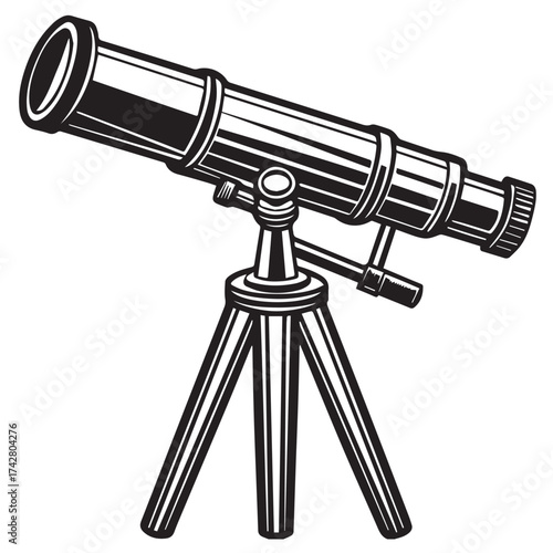 Illustration of a classic telescope on a tripod, isolated on white background, perfect for astronomy enthusiasts, science education, or vintagethemed designs, showcasing exploration and discovery