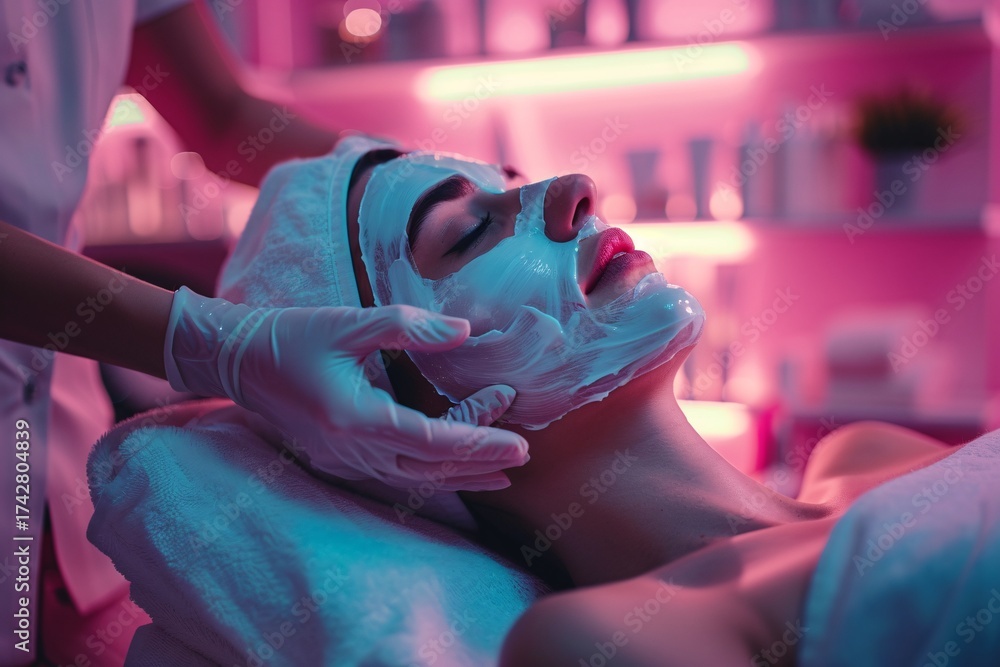 Obraz premium Spa Facial Treatment Close-Up: Applying Organic Face Mask for Skincare, Wellness, and Rejuvenation