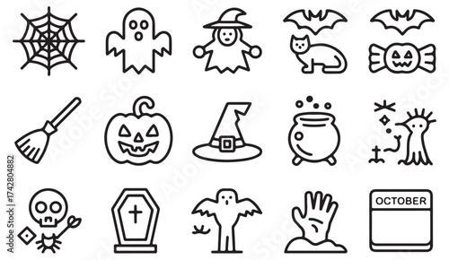 Halloween elements vector illustration pack with fun ghost and pumpkin outlines for festive design