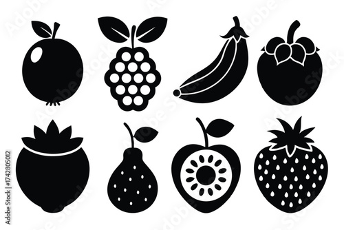 Various black fruit icons including apple, blackberry, banana, mangosteen, strawberry, pear on a white backdrop