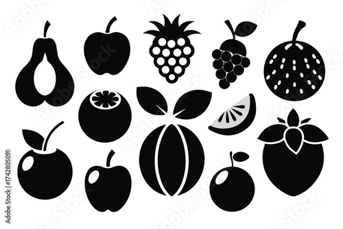 Black silhouettes of varied fruits and berries are neatly arranged on a white surface