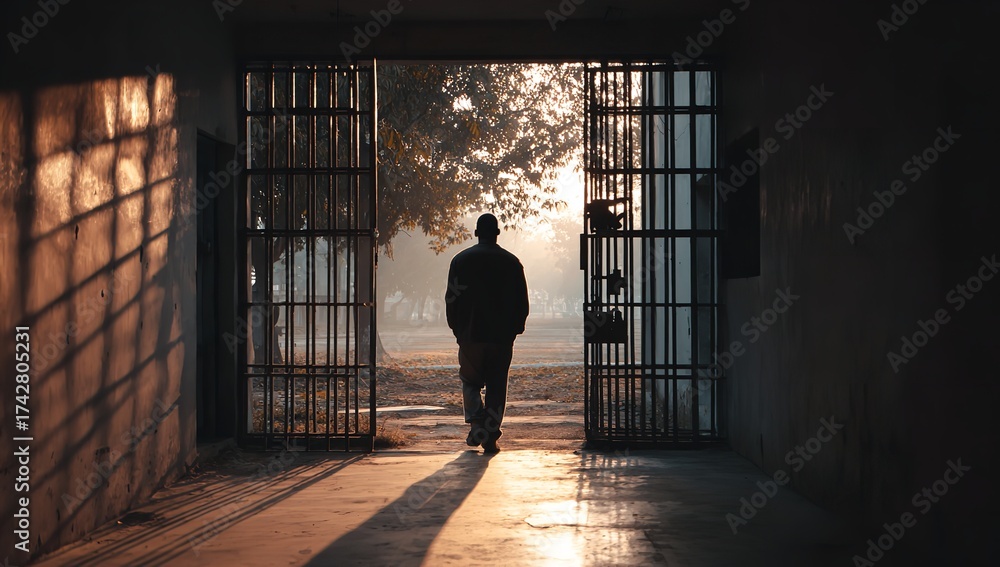 Fototapeta premium Man walks towards bright freedom through open prison gates bathed in golden sunrise light, symbolizing hope and new beginnings