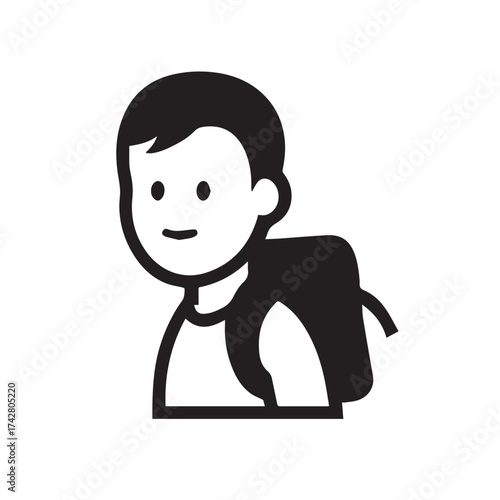Simple black and white illustration of a boy with a backpack isolated on white background, depicting a student or traveler in a minimalist style, suitable for educational or travelrelated designs