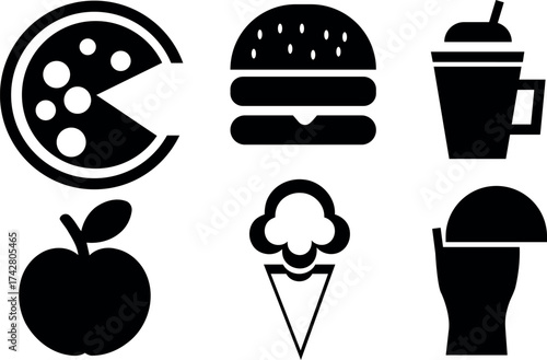 Variety of Food Items Pizza Burger Ice Cream Apple and Drink