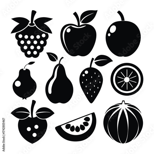 Black fruit silhouettes of an apple, orange, strawberry, blackberry, watermelon and pears are arranged nicely