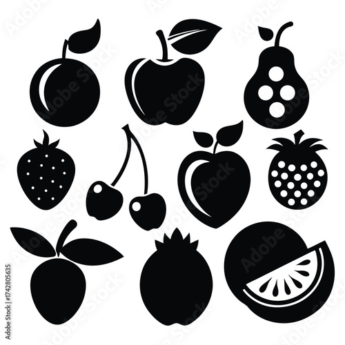 Black silhouette icons illustrate a variety of fresh fruits including strawberry, apple, and orange