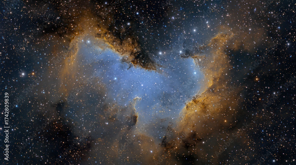 Fototapeta premium Stunning cosmic nebula with vibrant blue and golden dust clouds, a celestial spectacle in deep space, featuring countless stars