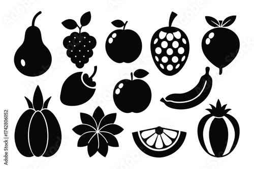 Black silhouettes of various fresh fruits are arranged uniformly across a plain white backdrop
