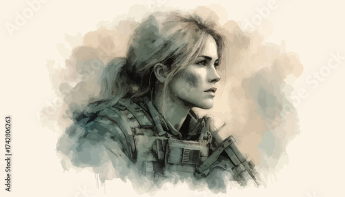 Female soldier with determined expression wearing tactical gear in watercolor portrait on light background