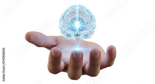 Futuristic hand holding glowing digital brain symbolizing artificial intelligence innovation and human cognition