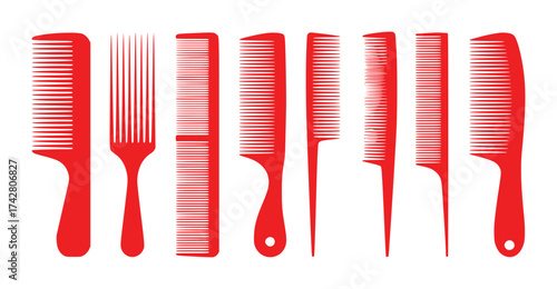 A Collection of Red Hair Combs and Styling Tools on a White Background