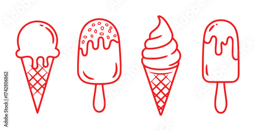 A Collection of Red Line Art Ice Cream Treats on a White Background