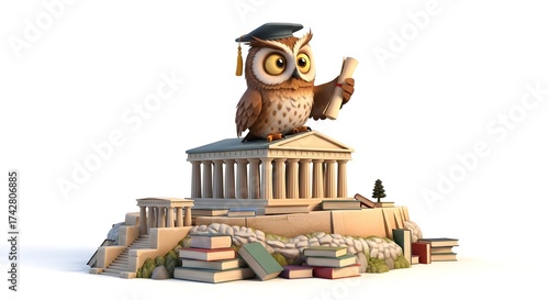 The Wisdom of Education: A cartoon owl in an academic gown and biretta, perched on a Greek building, surrounded by books, symbolizing learning, knowledge, and wisdom