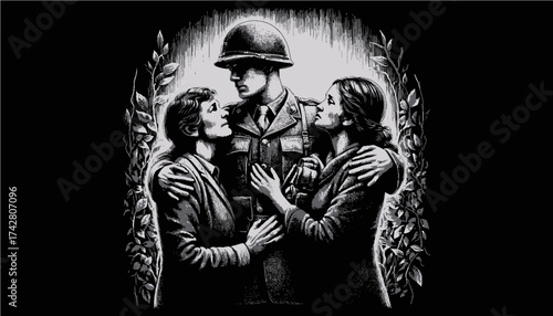 Soldier embraced by family in moment of reunion