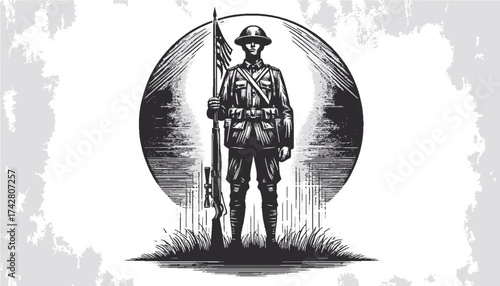 World War soldier with American flag in vintage engraving style standing proud against circular backdrop