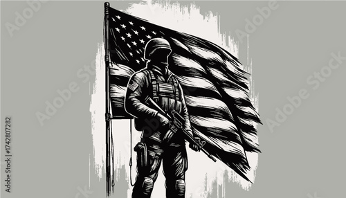 Patriotic Soldier Silhouette with American Flag Representing National Service and Pride in a Strong Monochromatic Style
