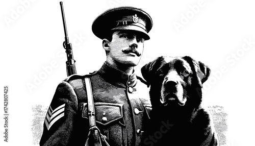  Vintage Military Officer with Faithful Dog Portrait in Black and White Style with Copy Space