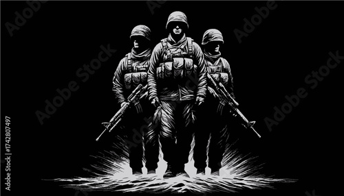 Three armed soldiers standing together in black and white engraving style representing strength and brotherhood