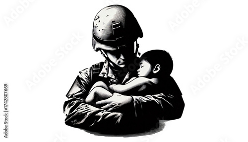  Soldier with tender emotion holding a child in arms against light background with copy space