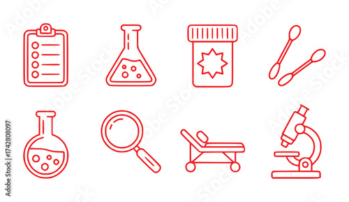Medical and Scientific Icons Clipboard, Flasks, Swabs, Magnifier, Stretcher, Microscope