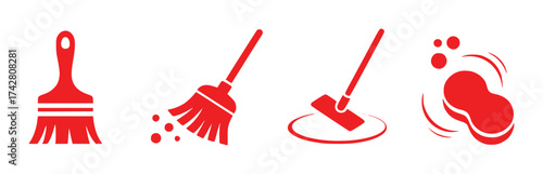 Red Cleaning Icons Paintbrush, Broom, Mop, and Sponge