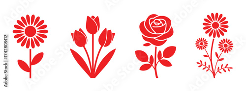 Red Flower Silhouettes Daisy, Tulips, Rose, and Aster