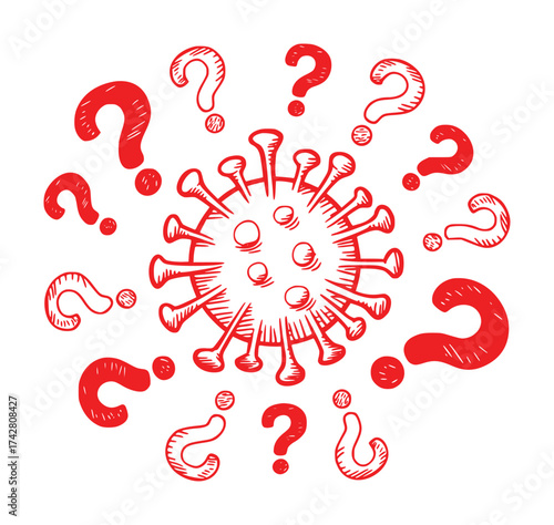 Red Coronavirus Icon Surrounded by Question Marks, Symbolizing Uncertainty and Questions