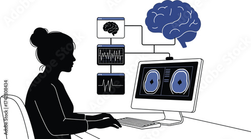 Brain scan analysis by doctor using computer for medical research editable vector