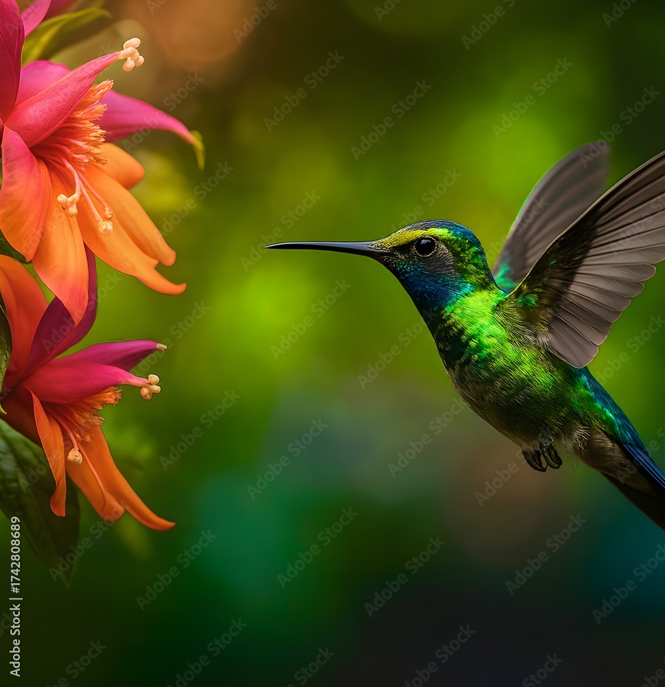Fototapeta premium Generative AI illustration of small hummingbird with colorful plumage flying near colorful blooming flowers on blurred background