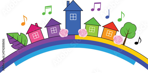 Colorful houses on rainbow with music notes vector illustration editable vector